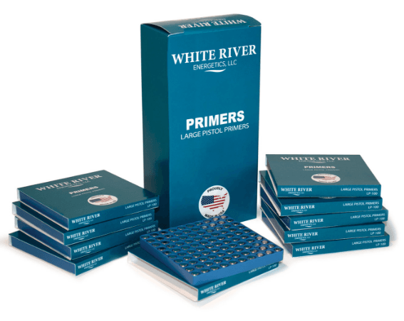 White River Energetics Large Pistol Primer, Nickel-Plated Brass Cup, Tray of 100