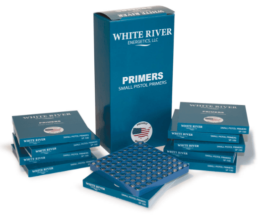 White River Energetics Small Pistol Primer, Brass Cup, Tray of 100